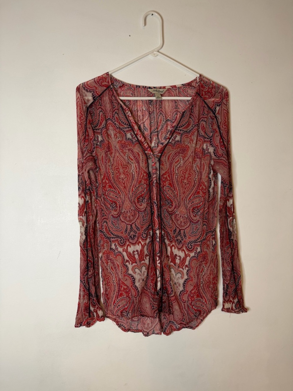 Lucky Brand Red Paisley Tie-Front Long Sleeve Blouse